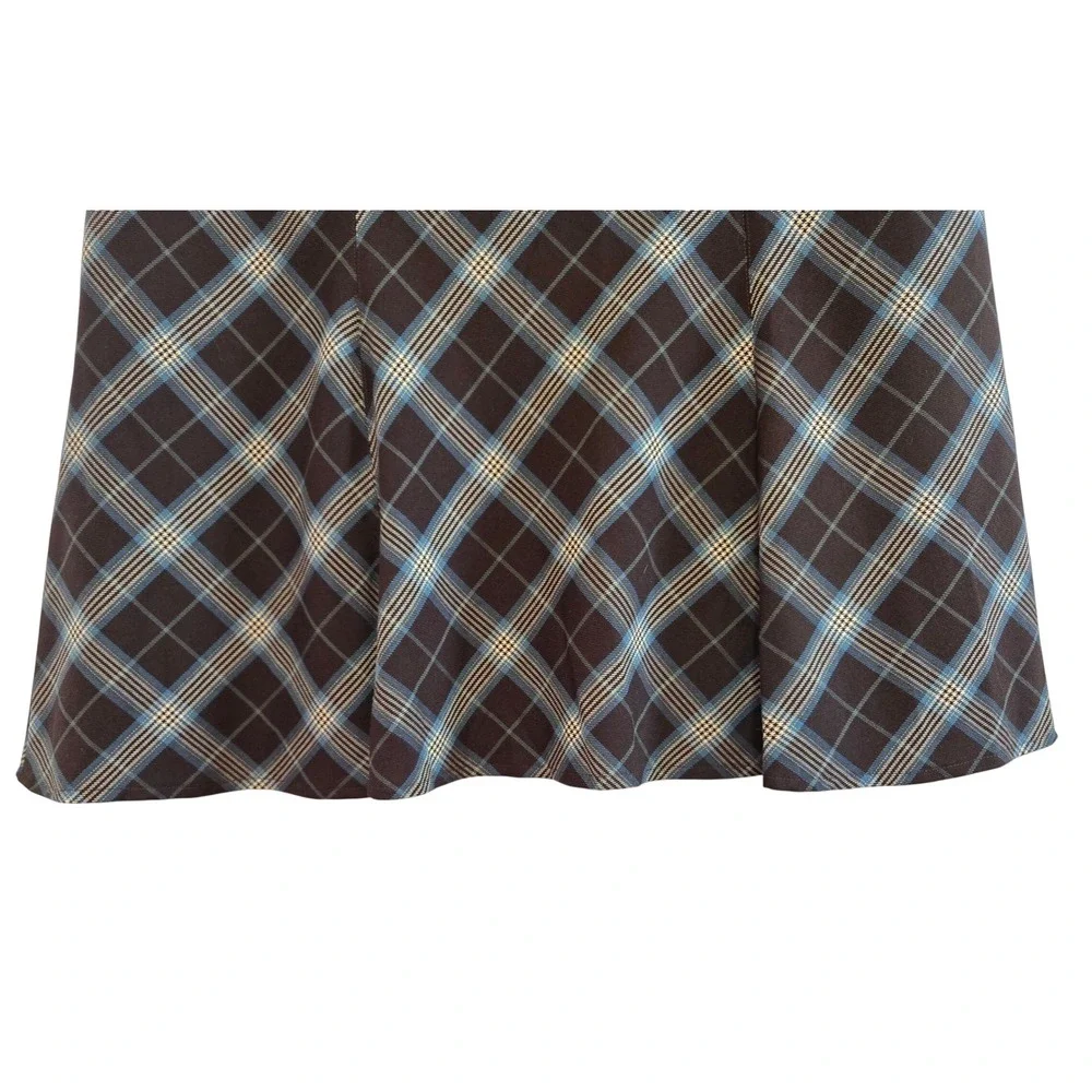 Dress Barn Retro Brown Blue Plaid A-Line Midi Skirt Paneled Bias Cut Lined Sz 16
